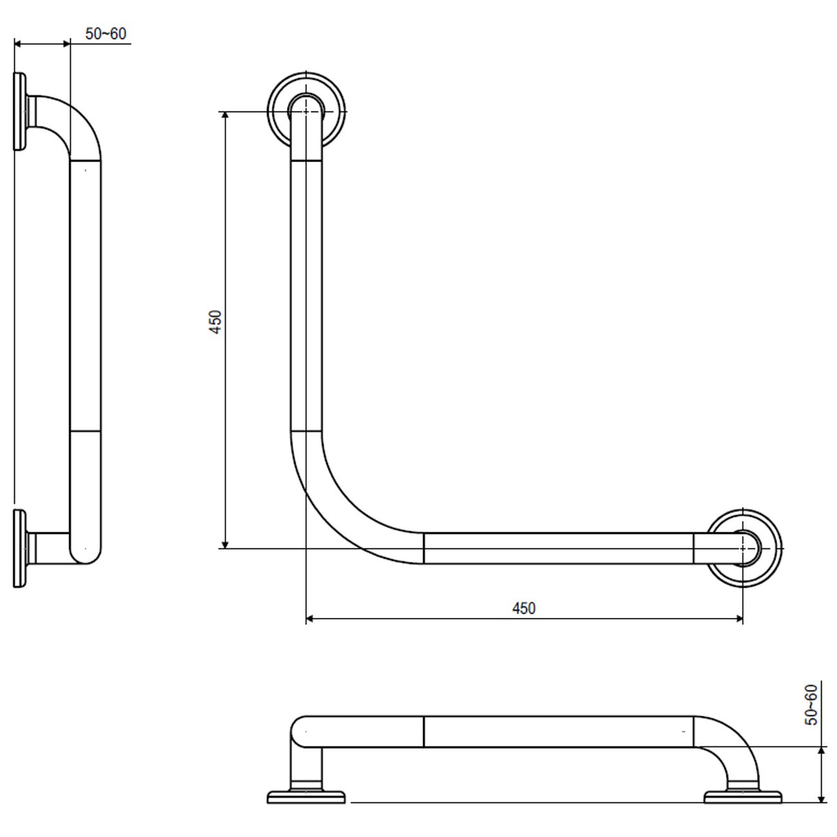 Raymor Care 90 degree grab rail technical drawing, brushed stainless steel L-shape with 450mm arms and wall fixings