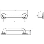 Raymor Care straight grab rail technical drawing, polished stainless steel, 300mm length with 380mm overall width and 73mm projection