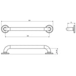 Raymor Care straight grab rail technical drawing, 450mm polished stainless steel, with dimensions shown
