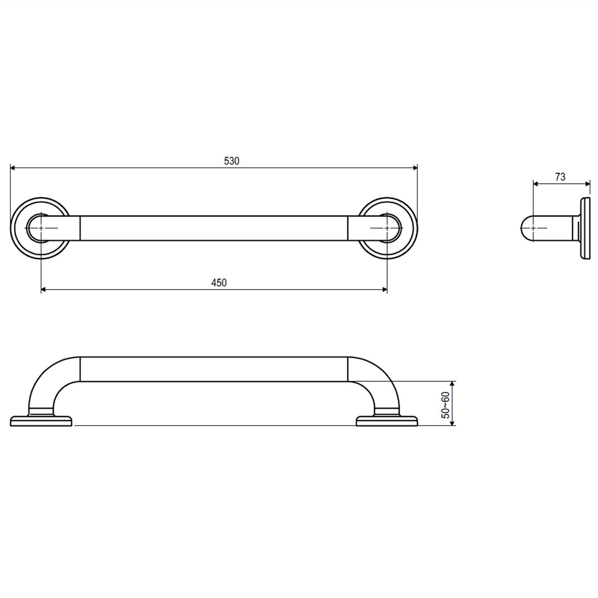 Raymor Care straight grab rail technical drawing, 450mm polished stainless steel, with dimensions shown