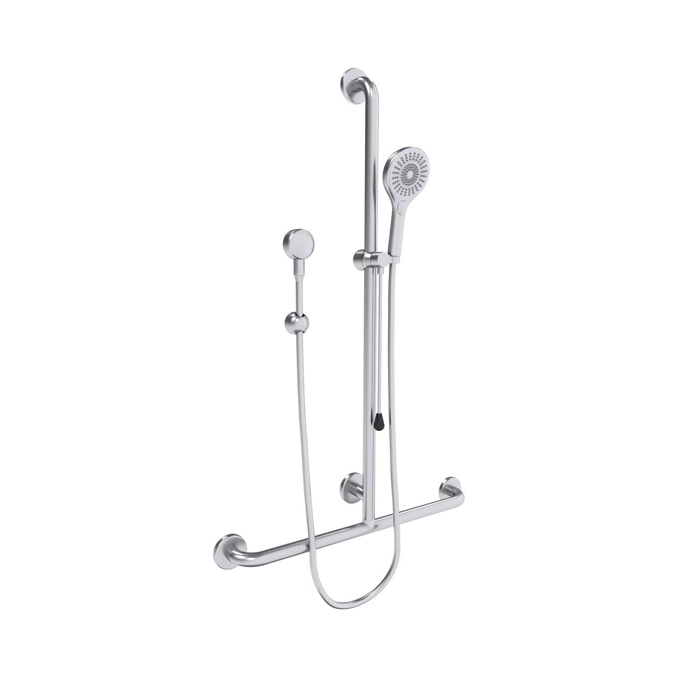 Raymor Care Shower inverted T grab rail and hand shower set, brushed stainless steel, wall-mounted on white background