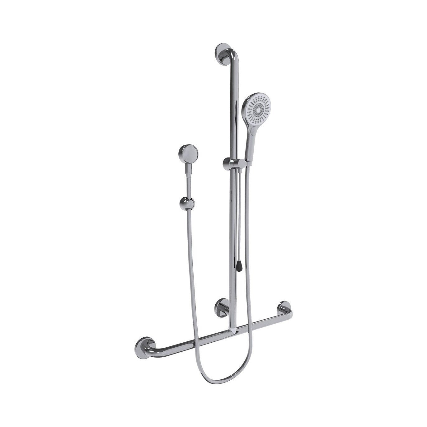 Raymor Care inverted T shower rail set in polished stainless steel with hand shower and hose on white background