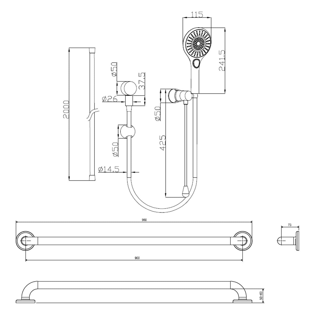 Technical drawing of Raymor Care straight shower rail set in brushed stainless steel with hand shower and measurements