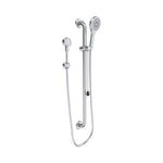Raymor Care brushed stainless steel shower rail with hand shower and hose, wall-mounted grab rail set
