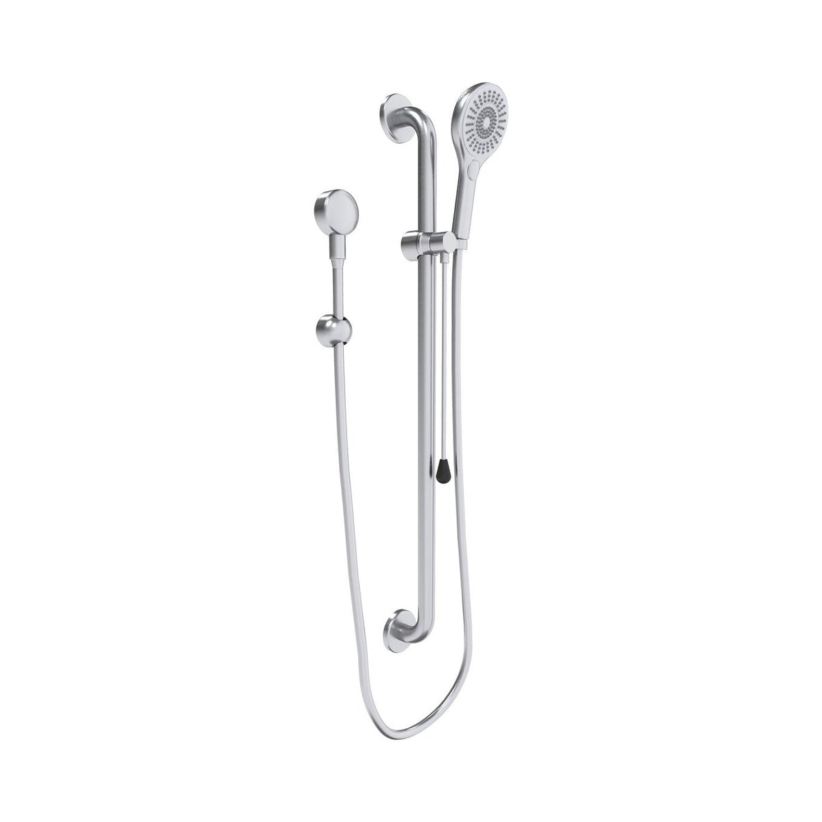 Raymor Care brushed stainless steel shower rail with hand shower and hose, wall-mounted grab rail set