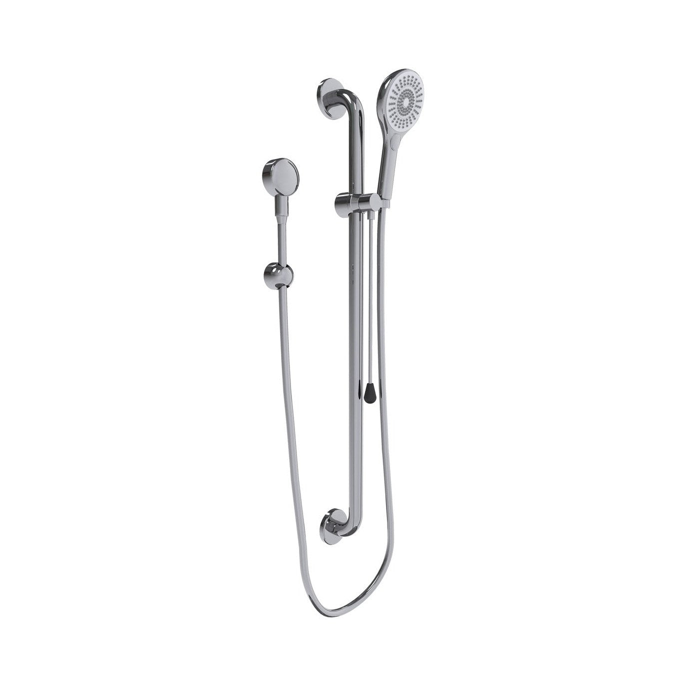 Raymor Care straight shower rail set in polished stainless steel with hand shower and hose