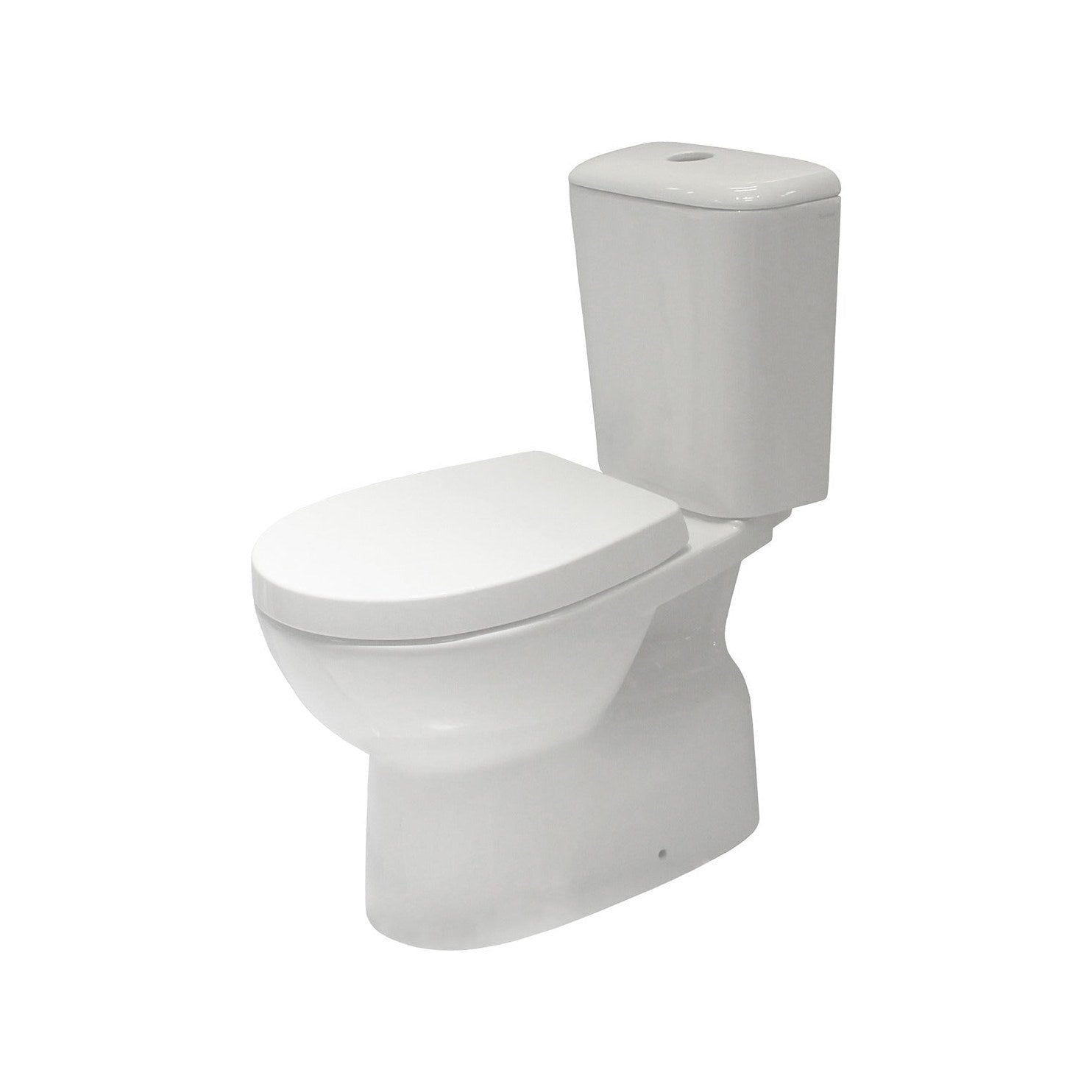 Raymor Classic white close coupled rimless toilet suite with cistern and seat, angled front view
