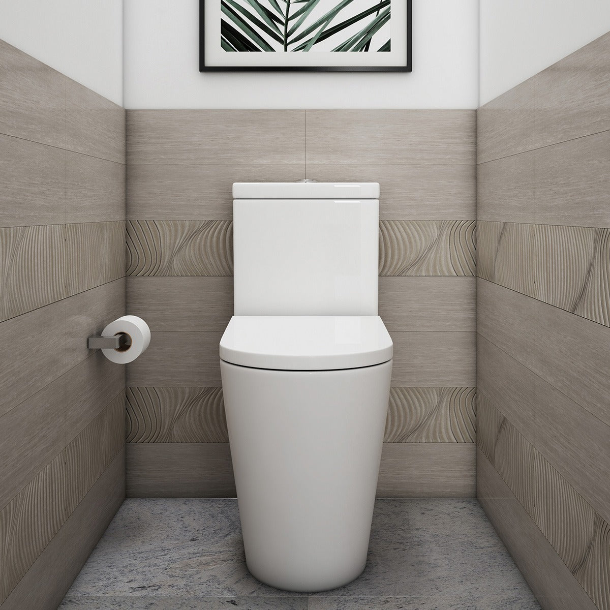 Raymor white back to wall comfort height toilet suite with slim cistern, rimless pan and soft close seat in a tiled bathroom.