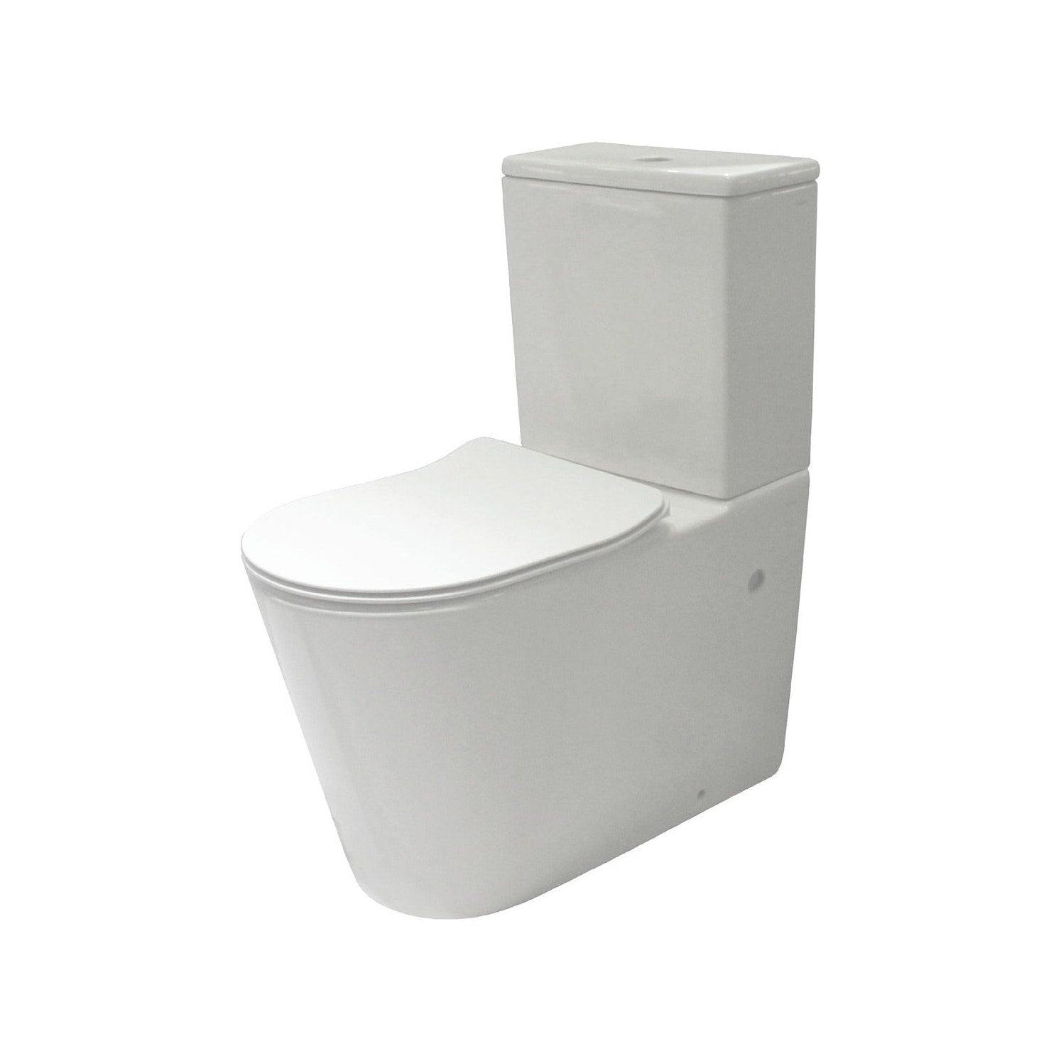 Raymor Edge II back to wall toilet suite in white with slim seat and cistern, angled studio view
