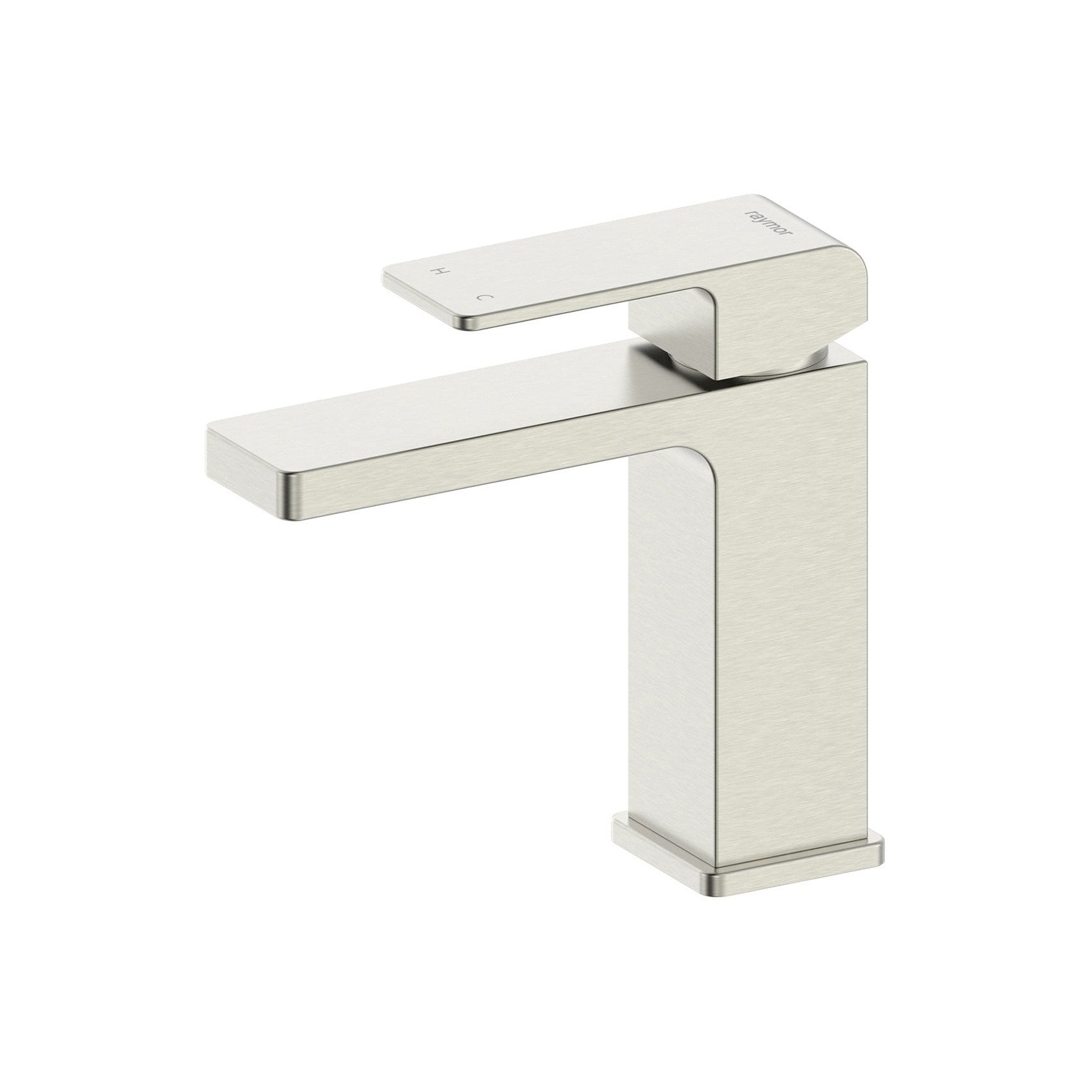 Raymor Edge II basin mixer in brushed nickel, square single-lever tap on white background