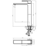 Technical drawing of a Raymor Edge II basin mixer in brushed nickel, showing tall tower tap side and top views with dimensions.