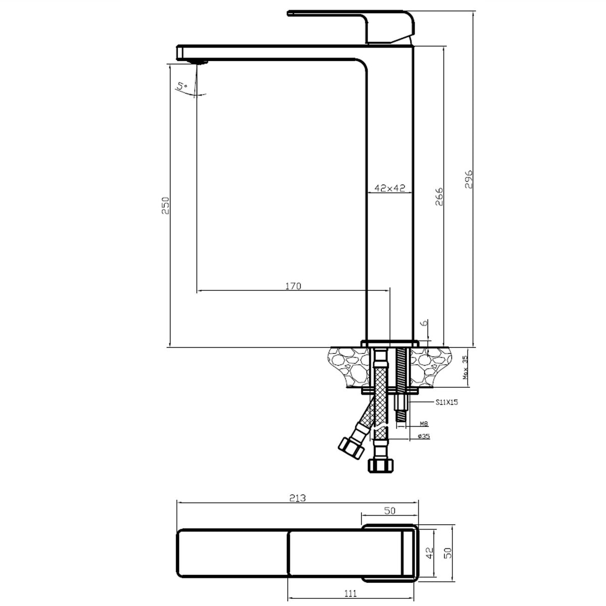 Technical drawing of a Raymor Edge II basin mixer in brushed nickel, showing tall tower tap side and top views with dimensions.