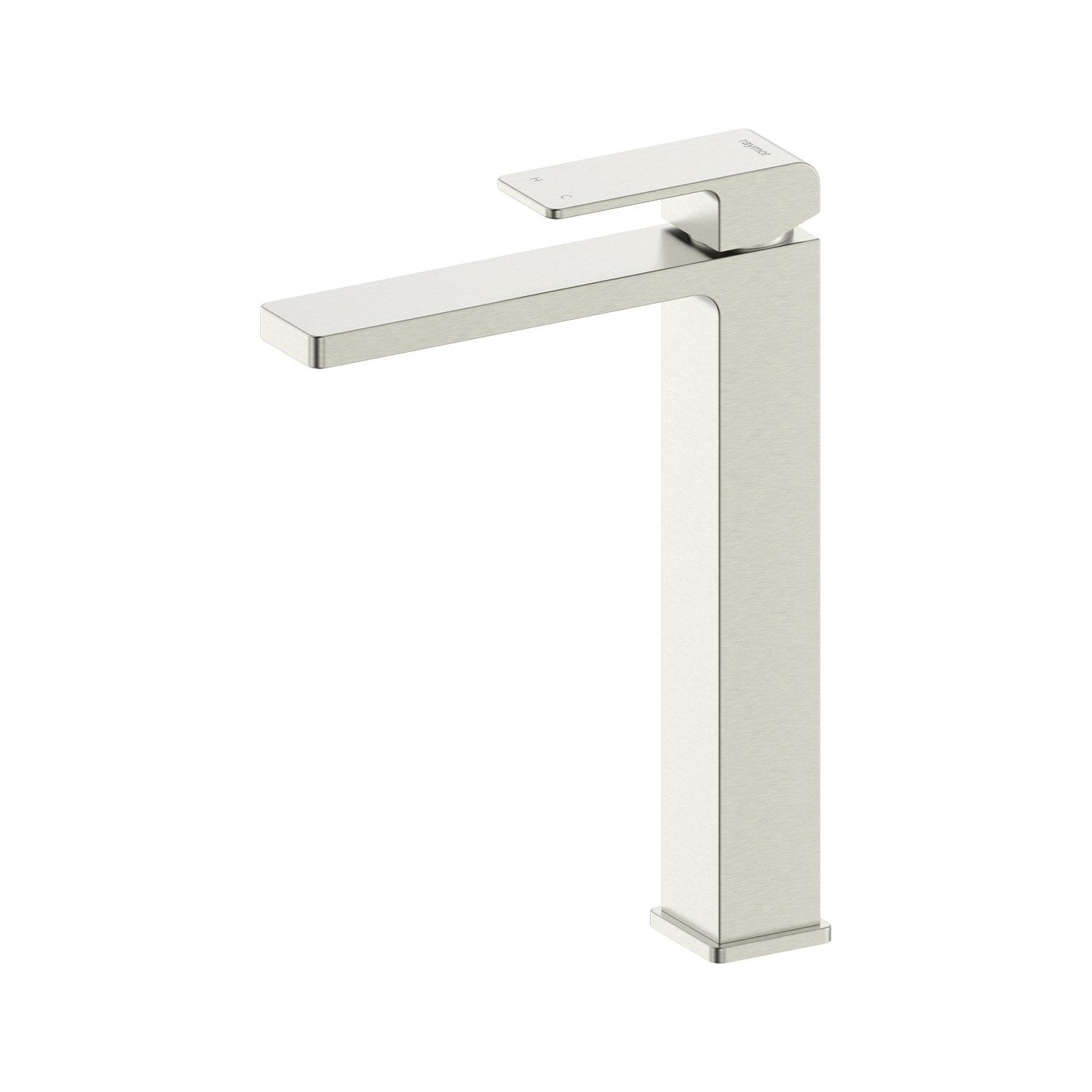 Raymor Edge II basin tower mixer in brushed nickel, tall square single-lever tap on white background