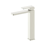 Raymor Edge II basin tower mixer in brushed nickel, tall square single-lever tap on white background