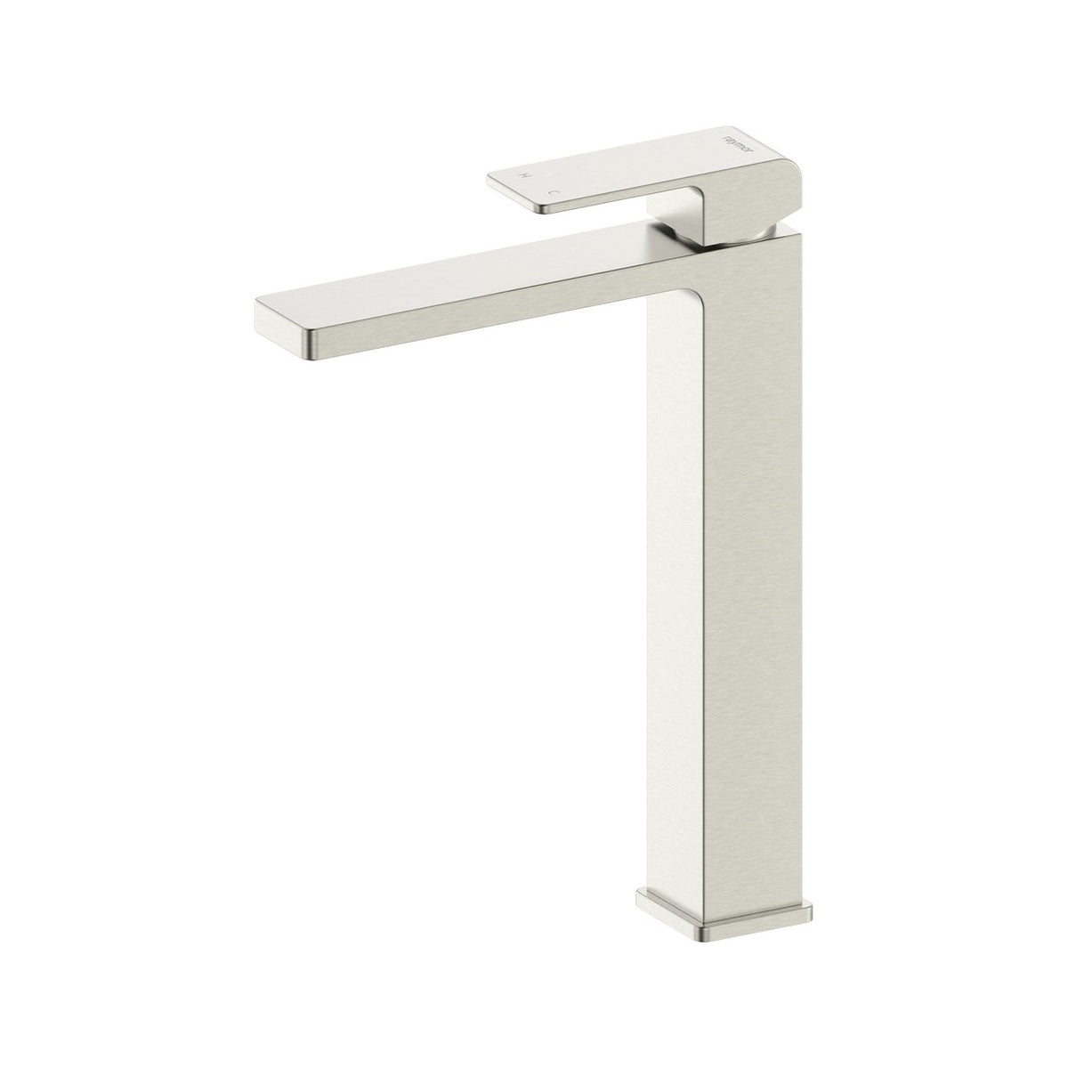 Raymor Edge II basin tower mixer in brushed nickel, tall square single-lever tap on white background