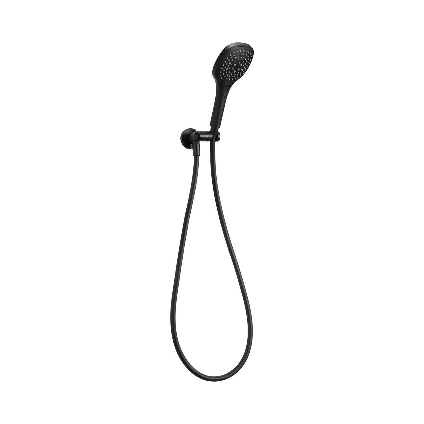Raymor Edge II black hand shower with hose and wall cradle on a white background