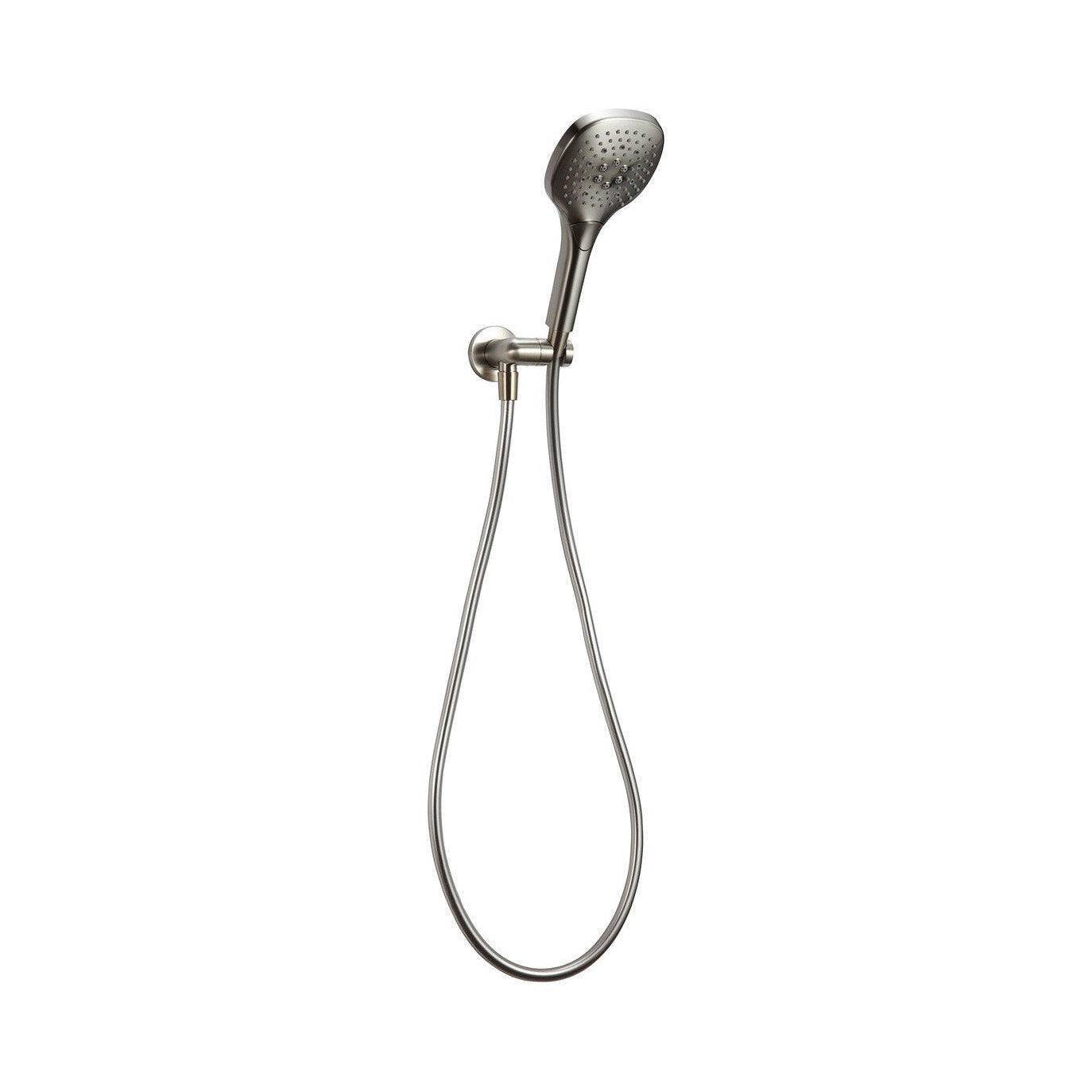 Raymor Edge II hand shower in brushed nickel with hose and cradle, shown on white background