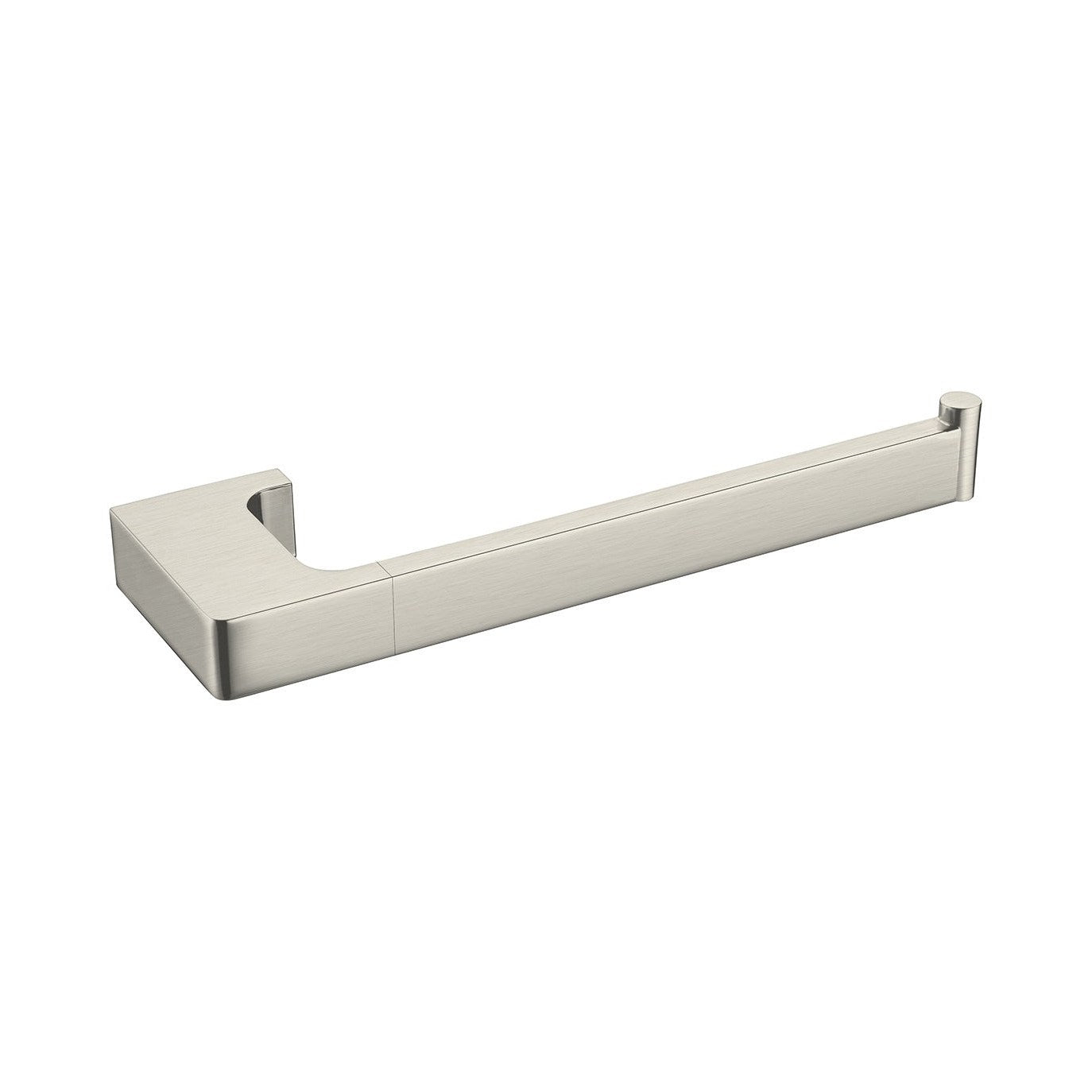 Raymor Edge II brushed nickel hand towel holder, square wall-mounted rail on white background