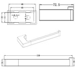 Raymor Edge II black hand towel rail technical drawing, 239mm wide with 72.5mm projection