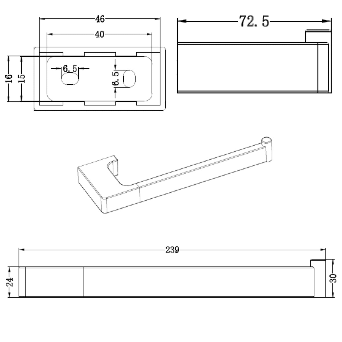 Raymor Edge II black hand towel rail technical drawing, 239mm wide with 72.5mm projection