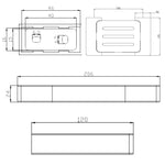 Technical drawing of Raymor Edge II metal soap dish in black, showing front, side and fixing dimensions 206 x 120 mm