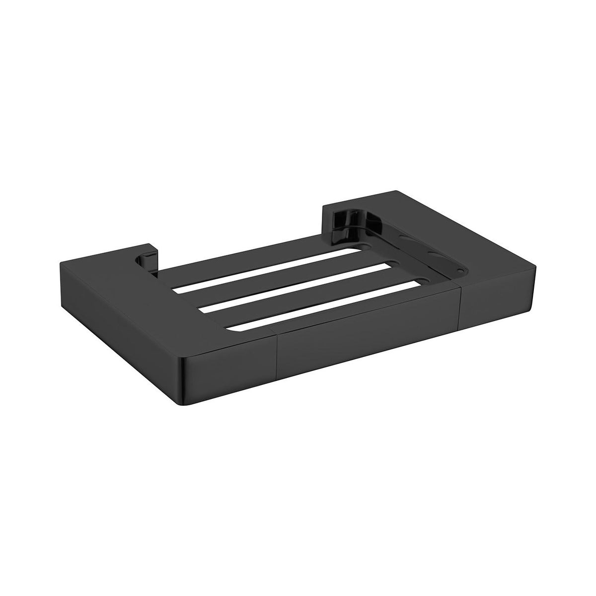 Raymor Edge II matte black metal soap dish with square slatted design, shown on white background
