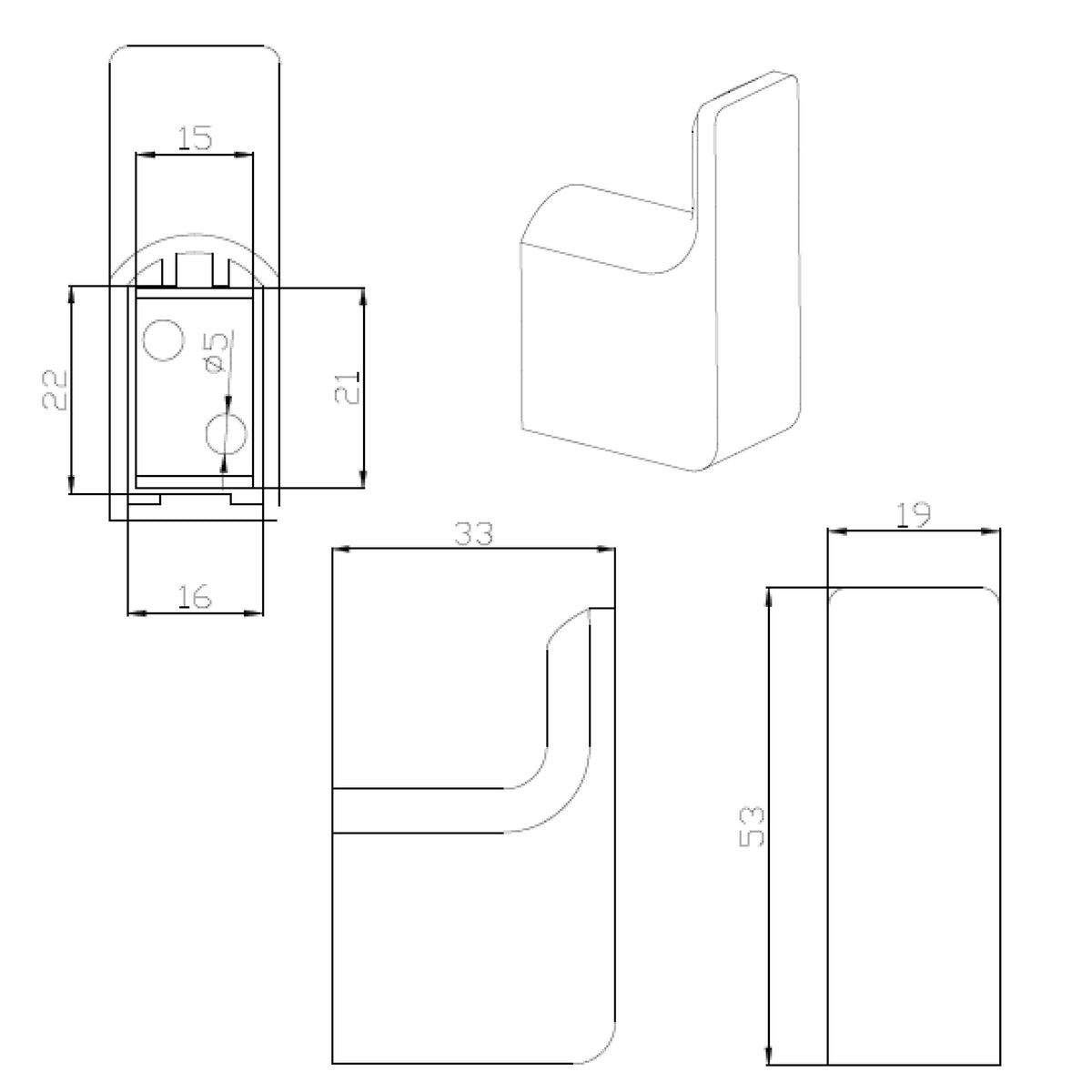Raymor Edge II black robe hook, slim square brass wall hook with dimensions drawing and multiple views