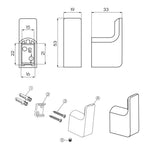 Technical drawing of Raymor Edge II robe hook showing dimensions and fixing kit in brushed nickel finish