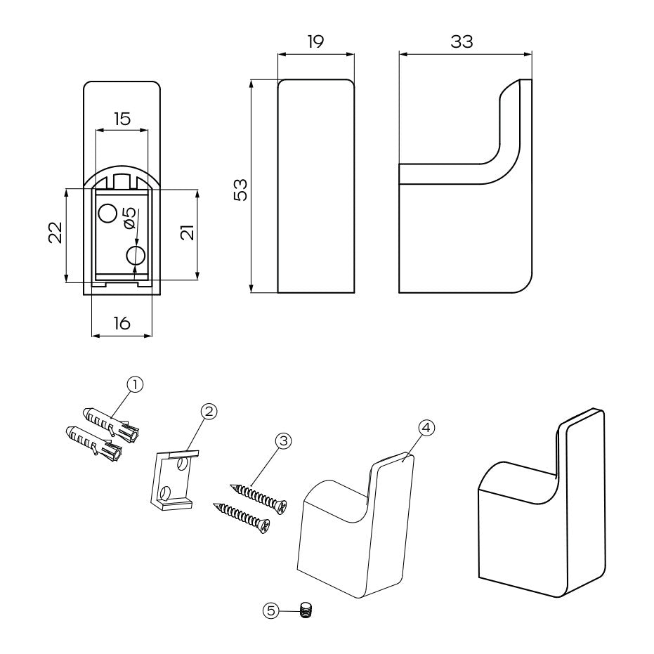 Technical drawing of Raymor Edge II robe hook showing dimensions and fixing kit in brushed nickel finish