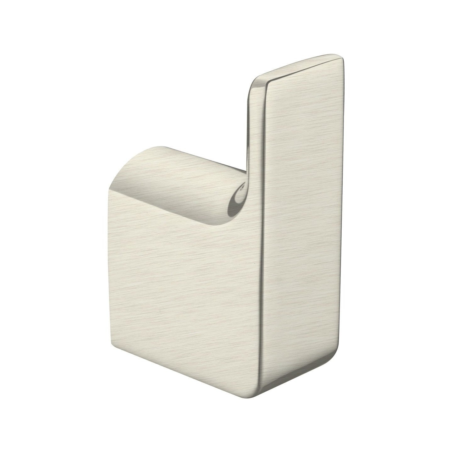 Raymor Edge II brushed nickel robe hook with slim square brass profile on white background