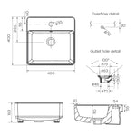 Raymor Edge II semi recessed basin technical drawing, white rectangular 400 x 400mm, with overflow and 1 taphole dimensions shown