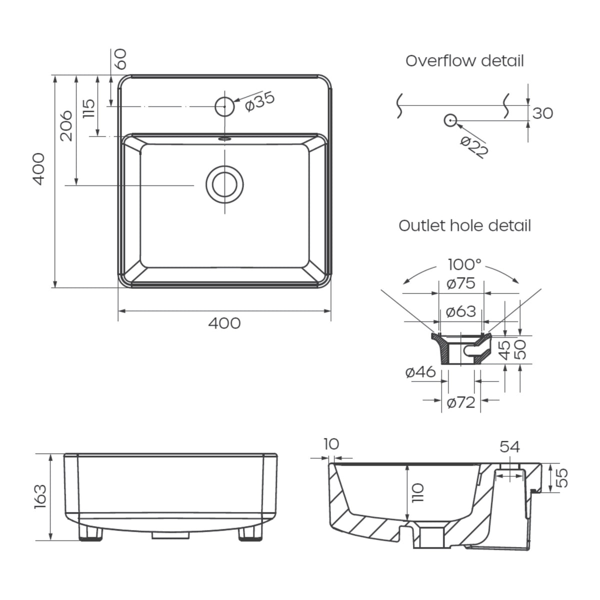 Raymor Edge II semi recessed basin technical drawing, white rectangular 400 x 400mm, with overflow and 1 taphole dimensions shown