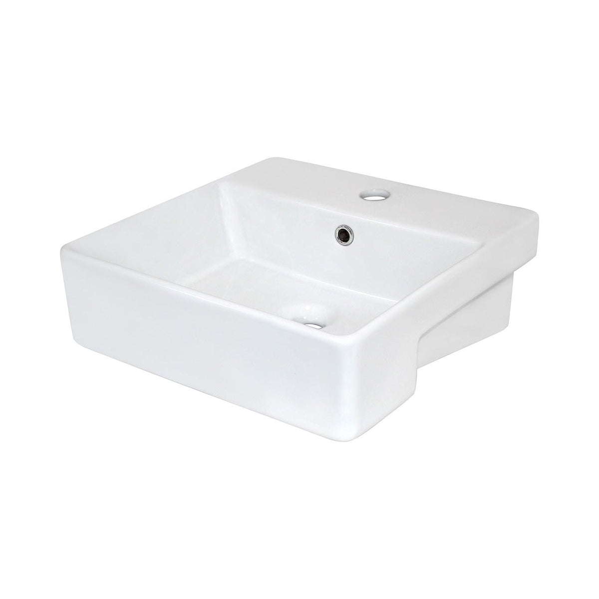 Raymor Edge II white semi recessed rectangular basin with 1 taphole and overflow, angled front view