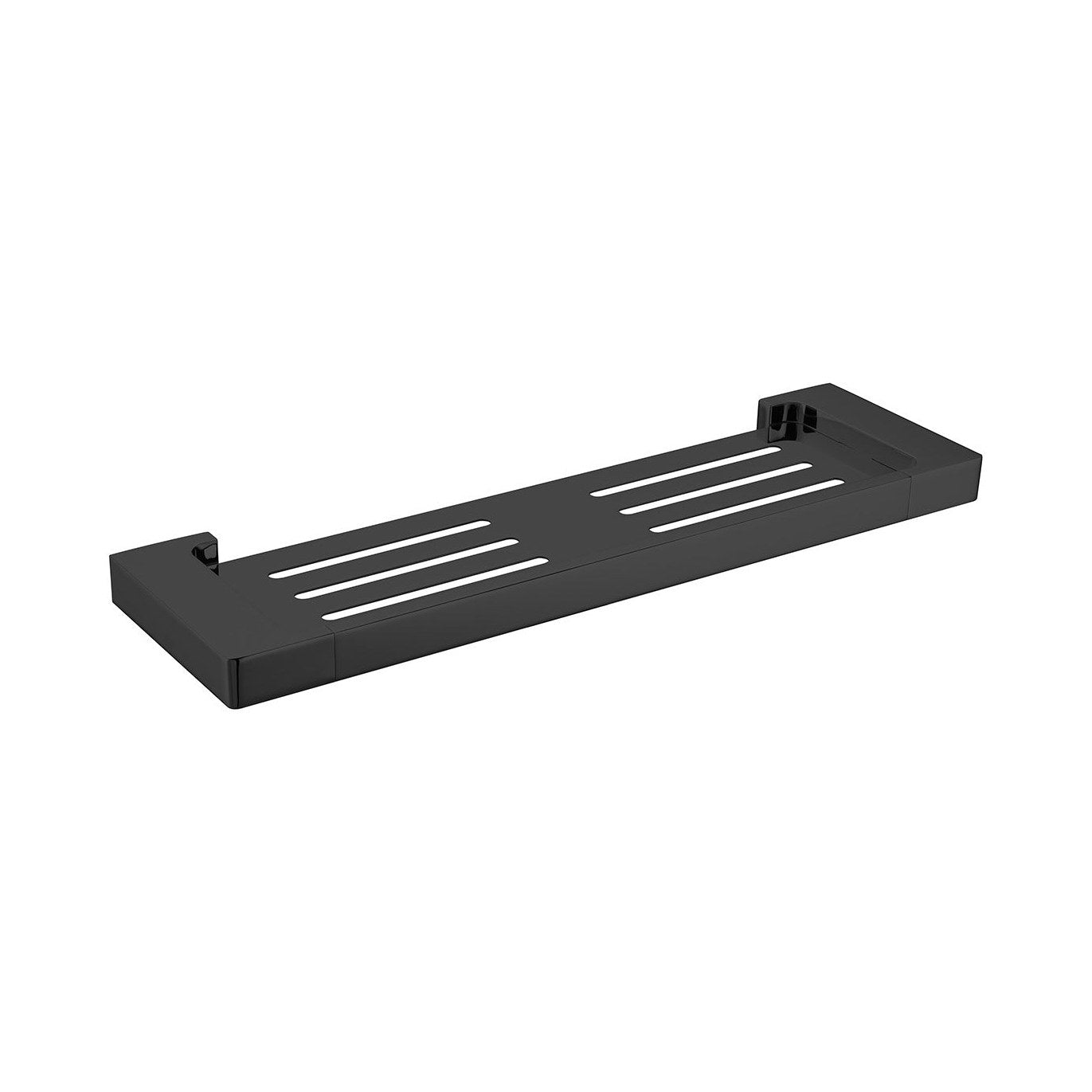 Raymor Edge II black bathroom shelf, 426mm, slim brass wall-mounted shelf with slotted top in angled view