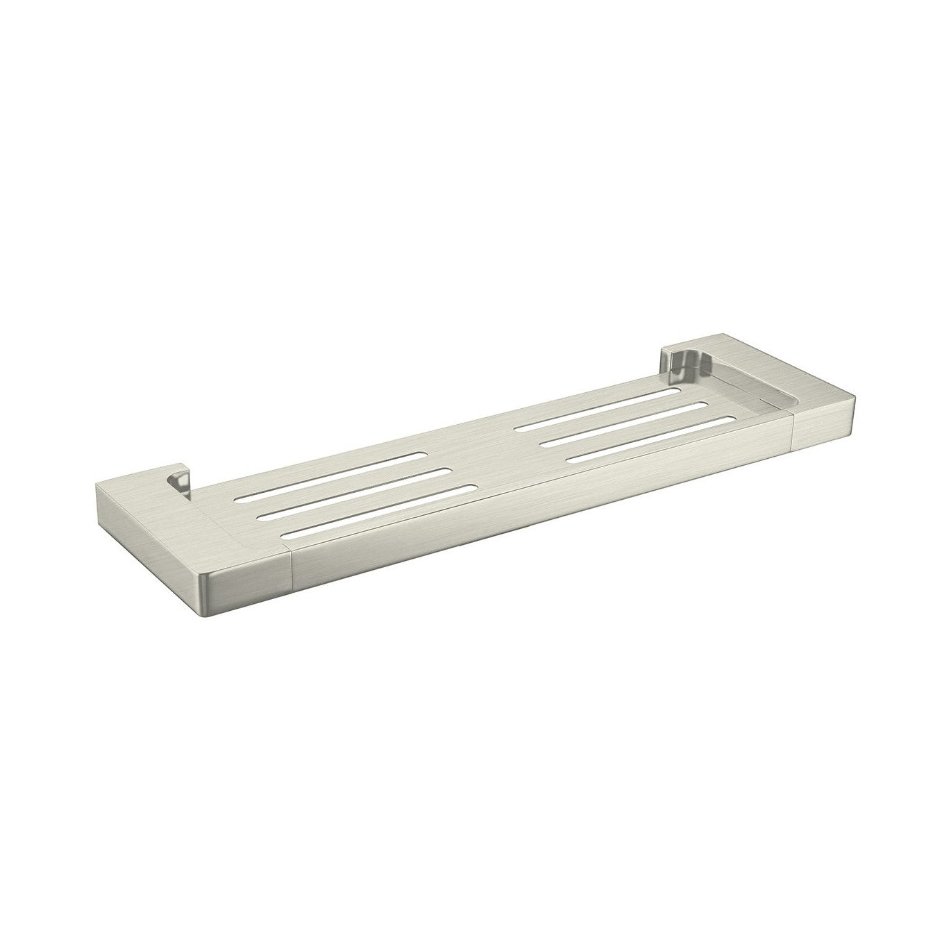 Raymor Edge II 426mm brushed nickel bathroom shelf with slotted tray and square wall mounts