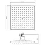 Raymor Edge II square shower rose technical drawing, 220mm black, front and side views with dimensions and G1/2 inlet
