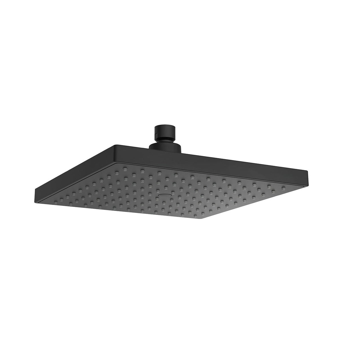 Raymor Edge II square shower rose 220mm in black, viewed from below on a white background