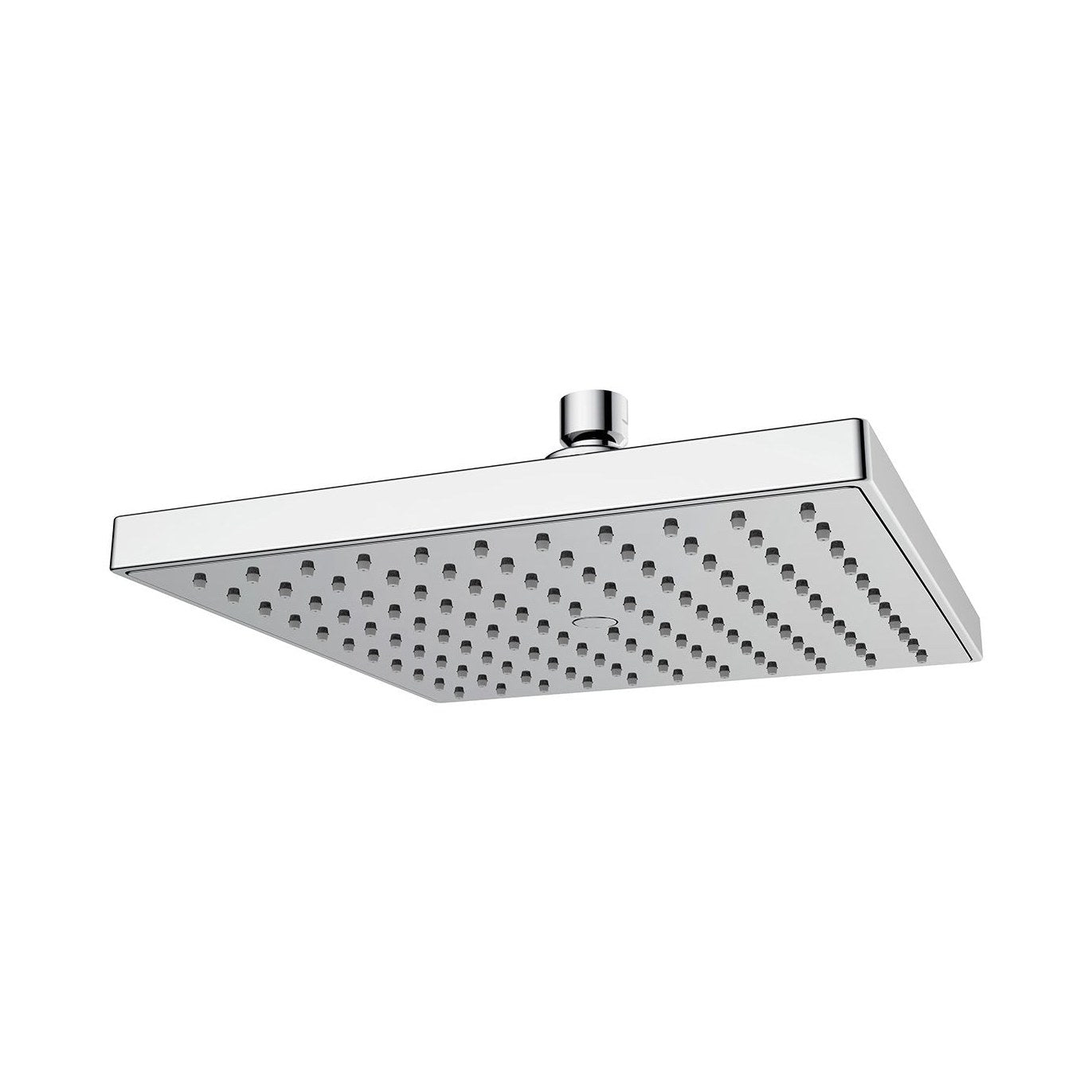 Raymor Edge II square shower rose 220mm in chrome, shown in low-angle view with single spray face