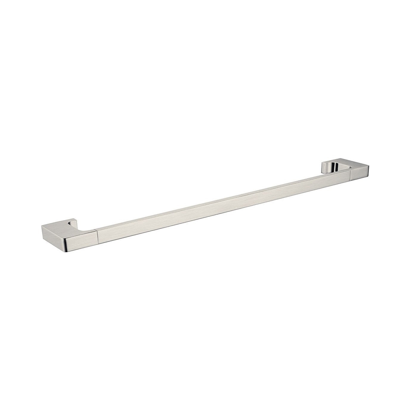 Raymor Edge II single towel rail in brushed nickel, 785mm long, with squared wall mounts on white background