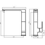 Raymor Edge II chrome sink mixer technical drawing with measurements, side and front views