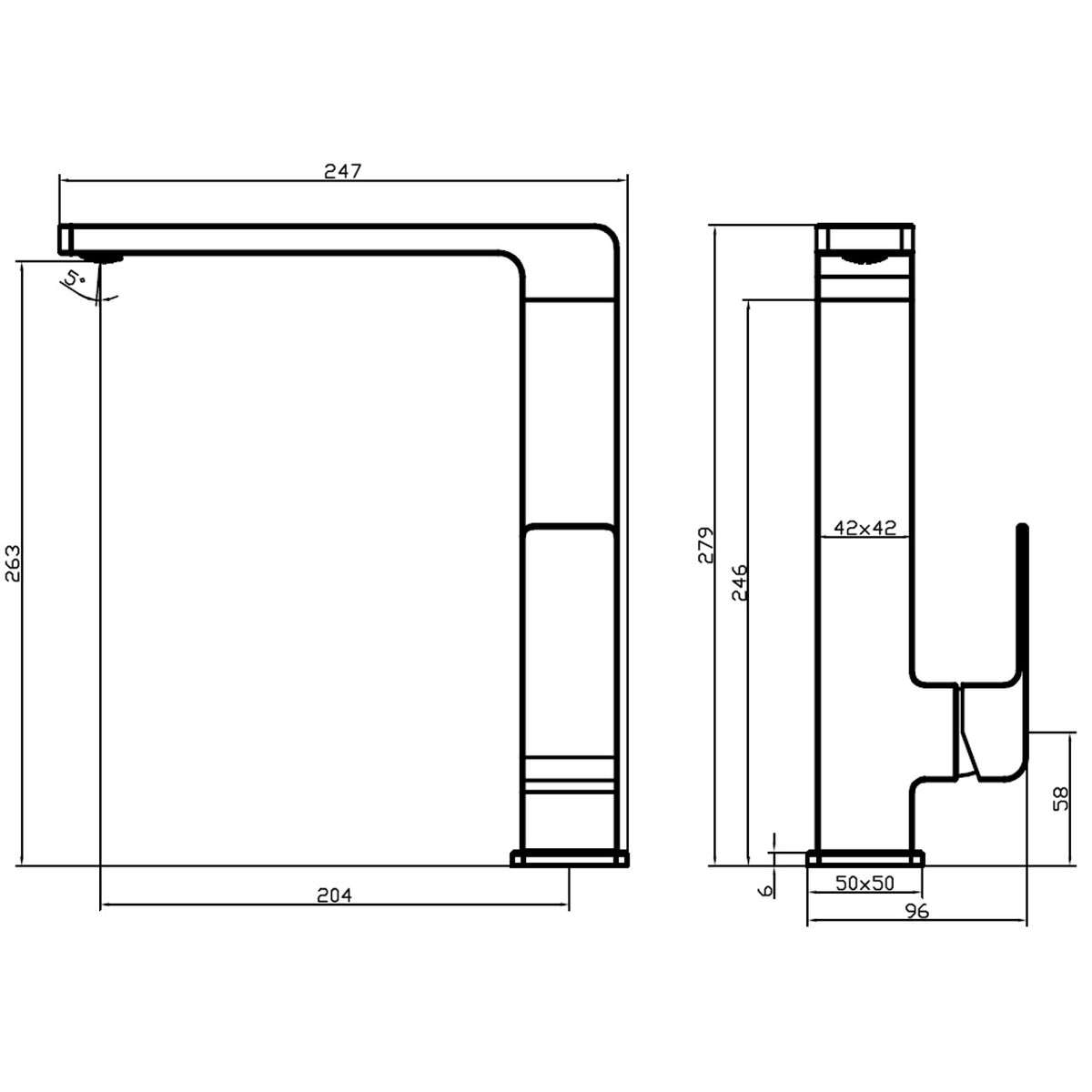 Raymor Edge II chrome sink mixer technical drawing with measurements, side and front views
