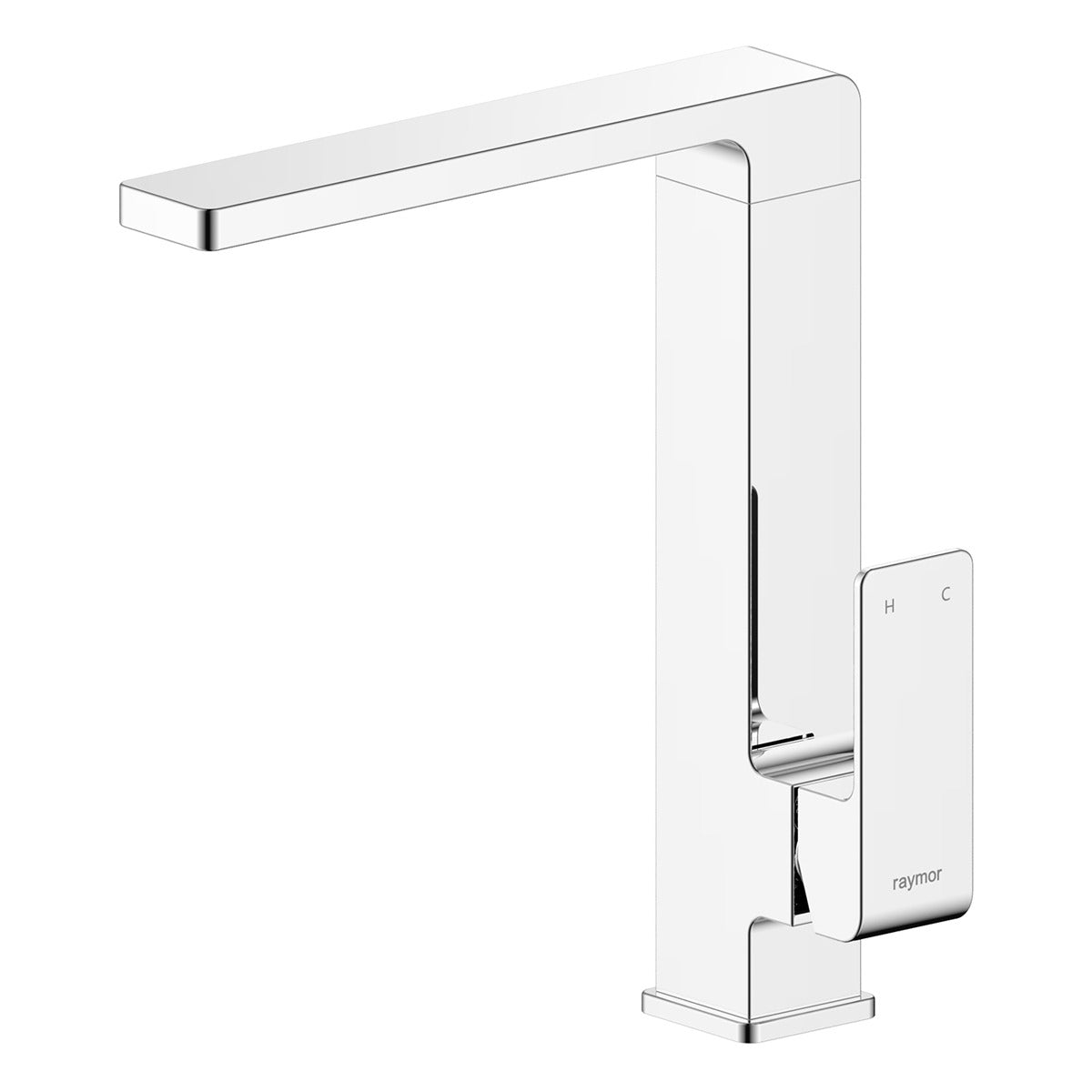 Raymor Edge II chrome sink mixer tap with square swivel spout and paddle handle, front view