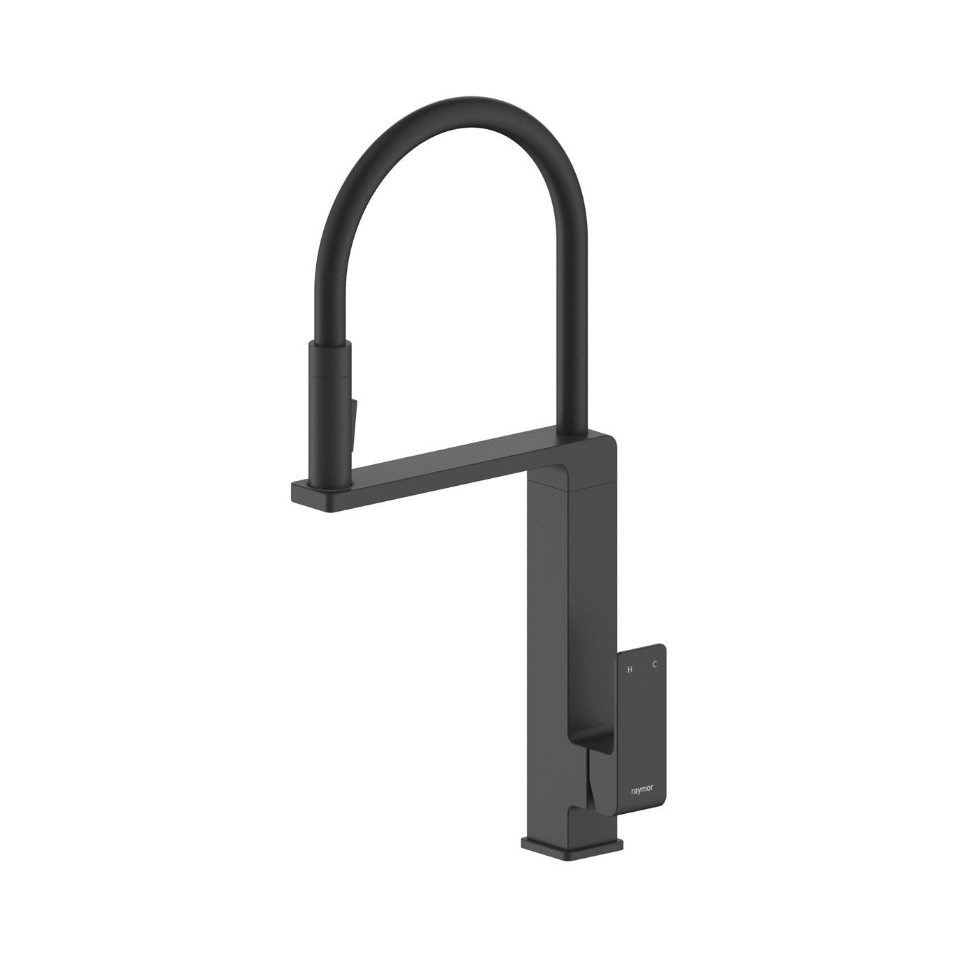 Raymor Edge II black pull-out kitchen sink mixer with tall swivel U-spout and paddle handle
