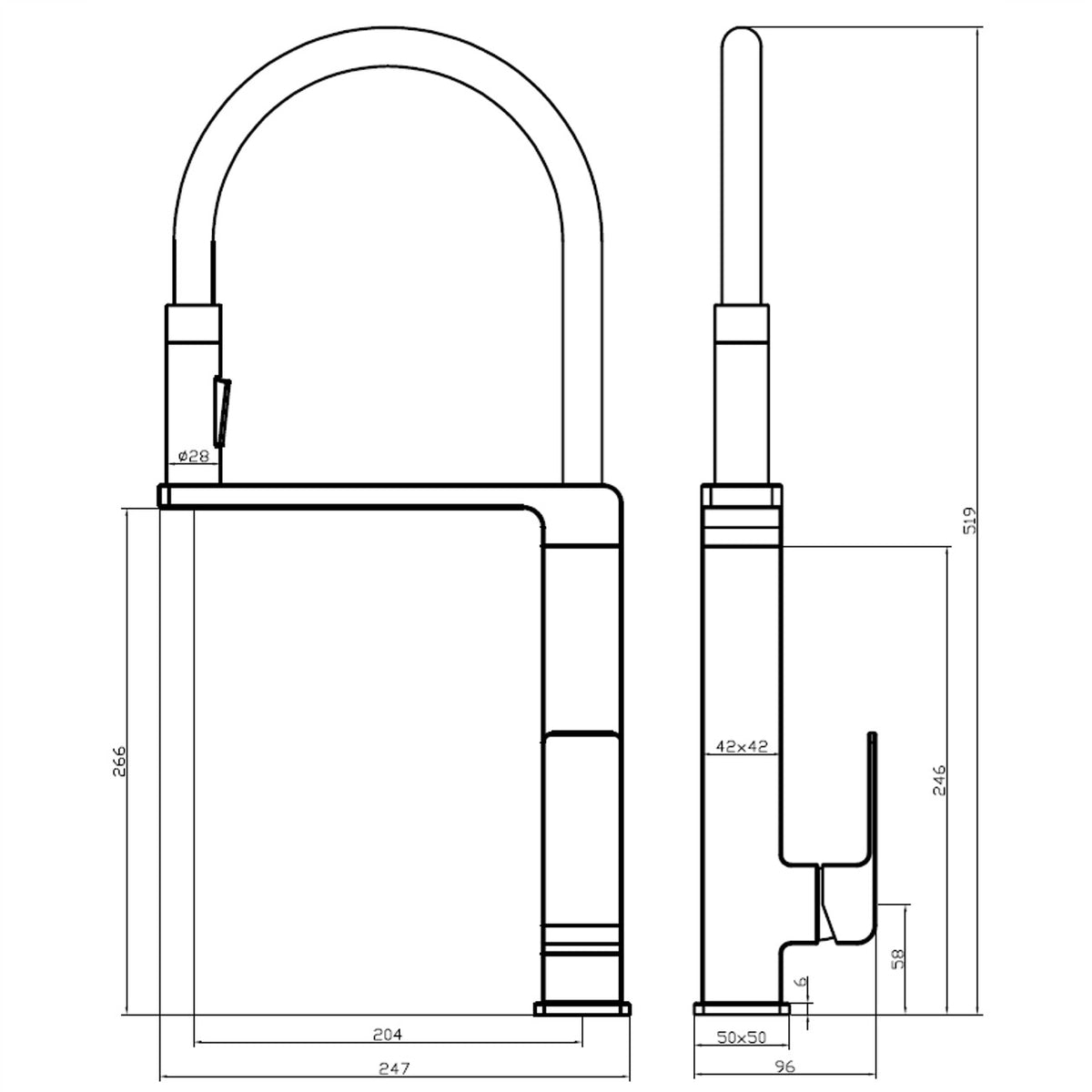 Raymor Edge II chrome sink mixer with detachable veggie spray, side and front technical dimensions view