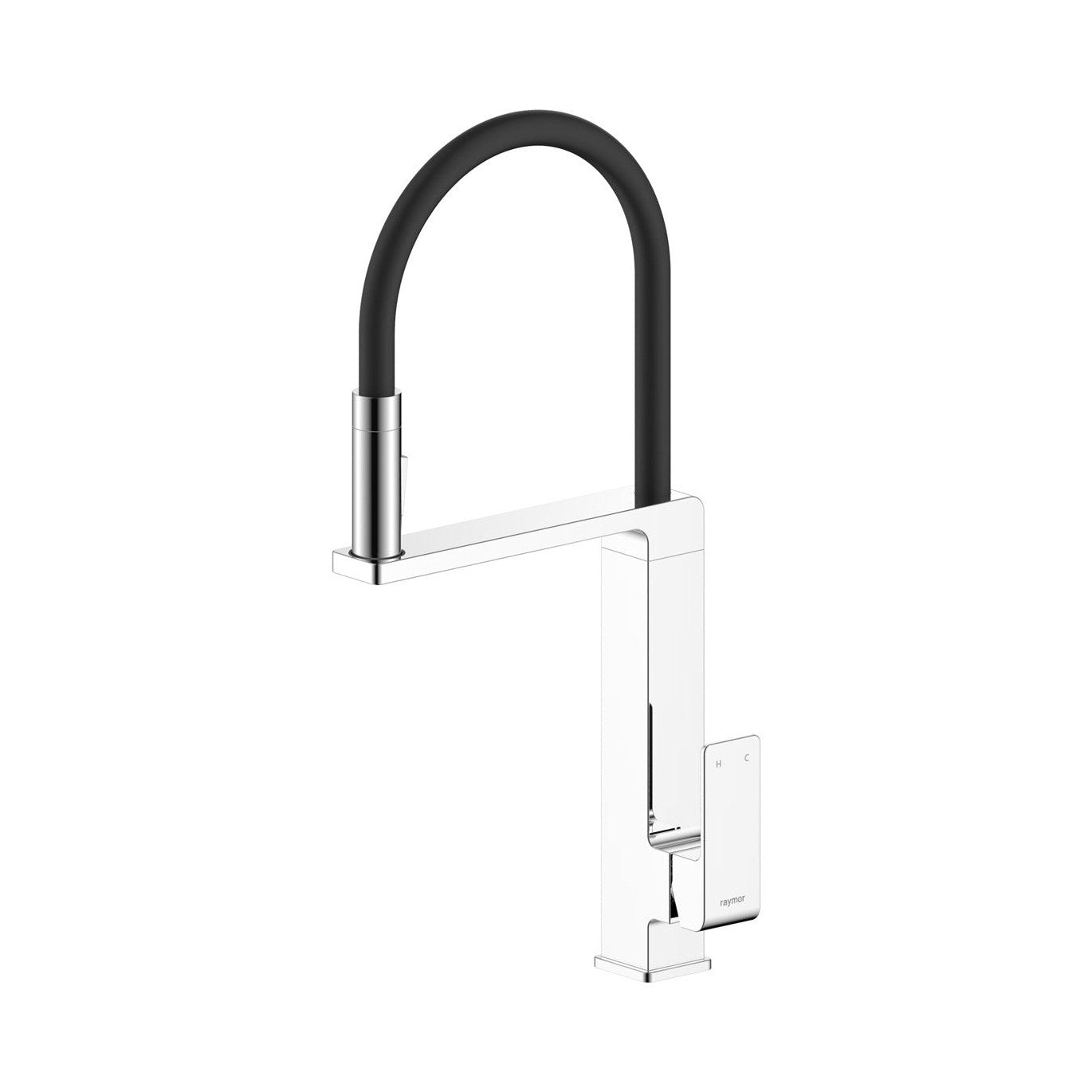 Raymor Edge II kitchen sink mixer in chrome with black flexible veggie spray and square modern handle