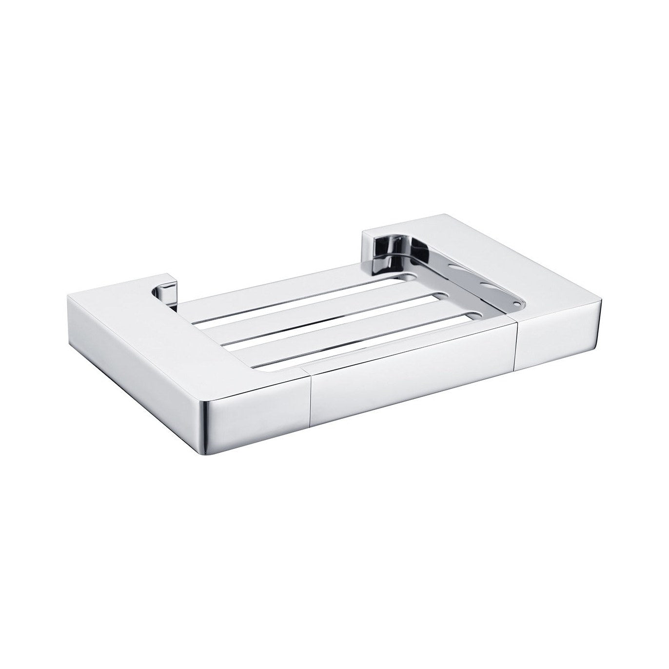 Raymor Edge II chrome soap dish with squared brass wall-mounted design and slotted base