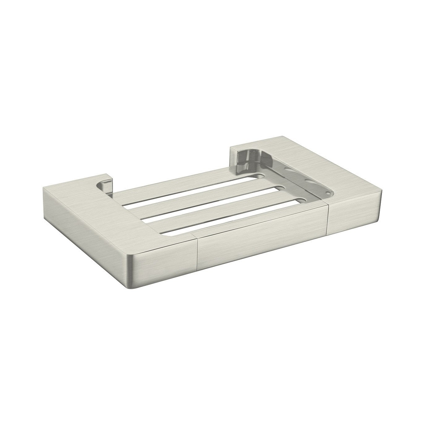 Raymor Edge II wall-mounted soap holder in brushed nickel, square brass soap dish with slatted base