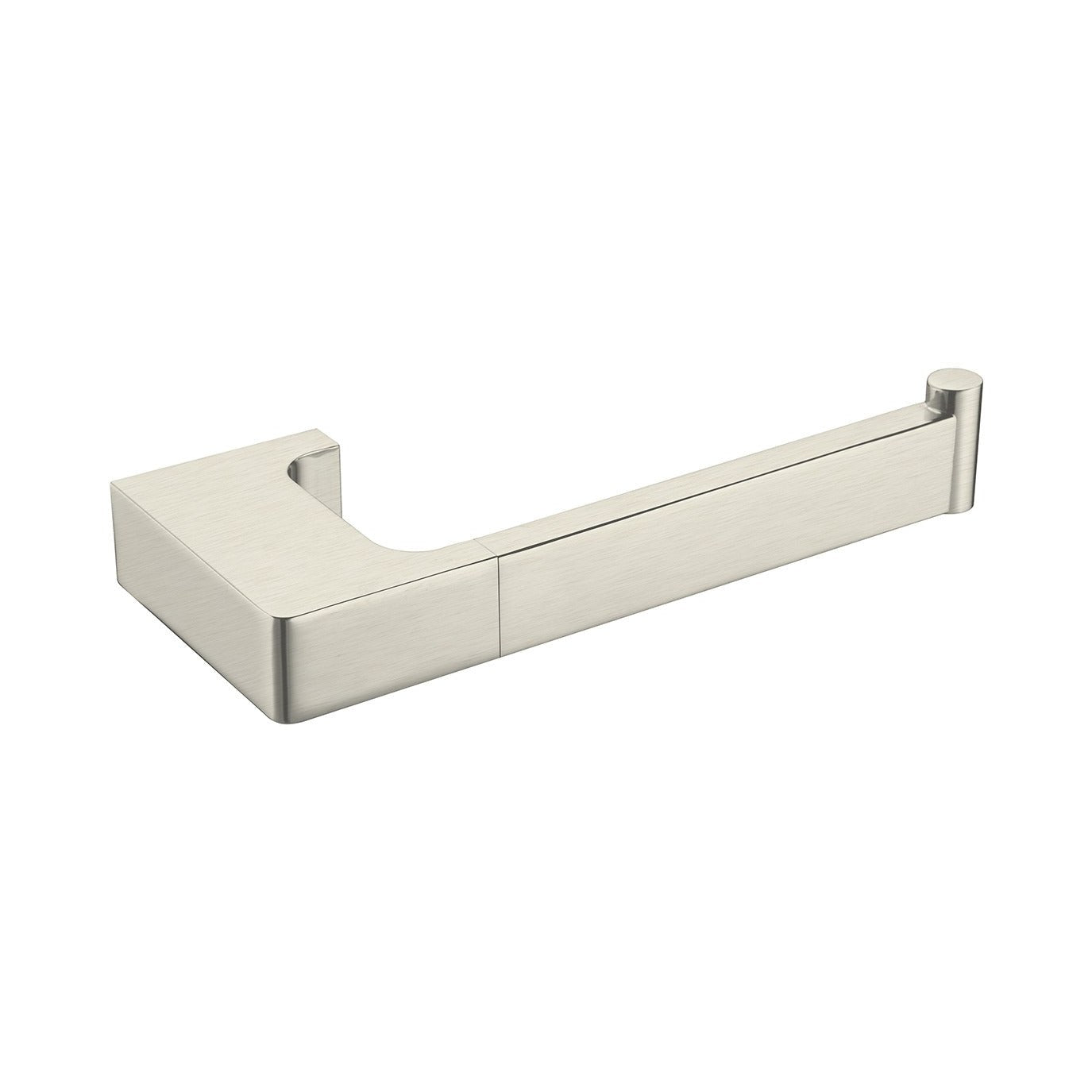 Raymor Edge II brushed nickel toilet roll holder, square brass single-arm wall mount on white background