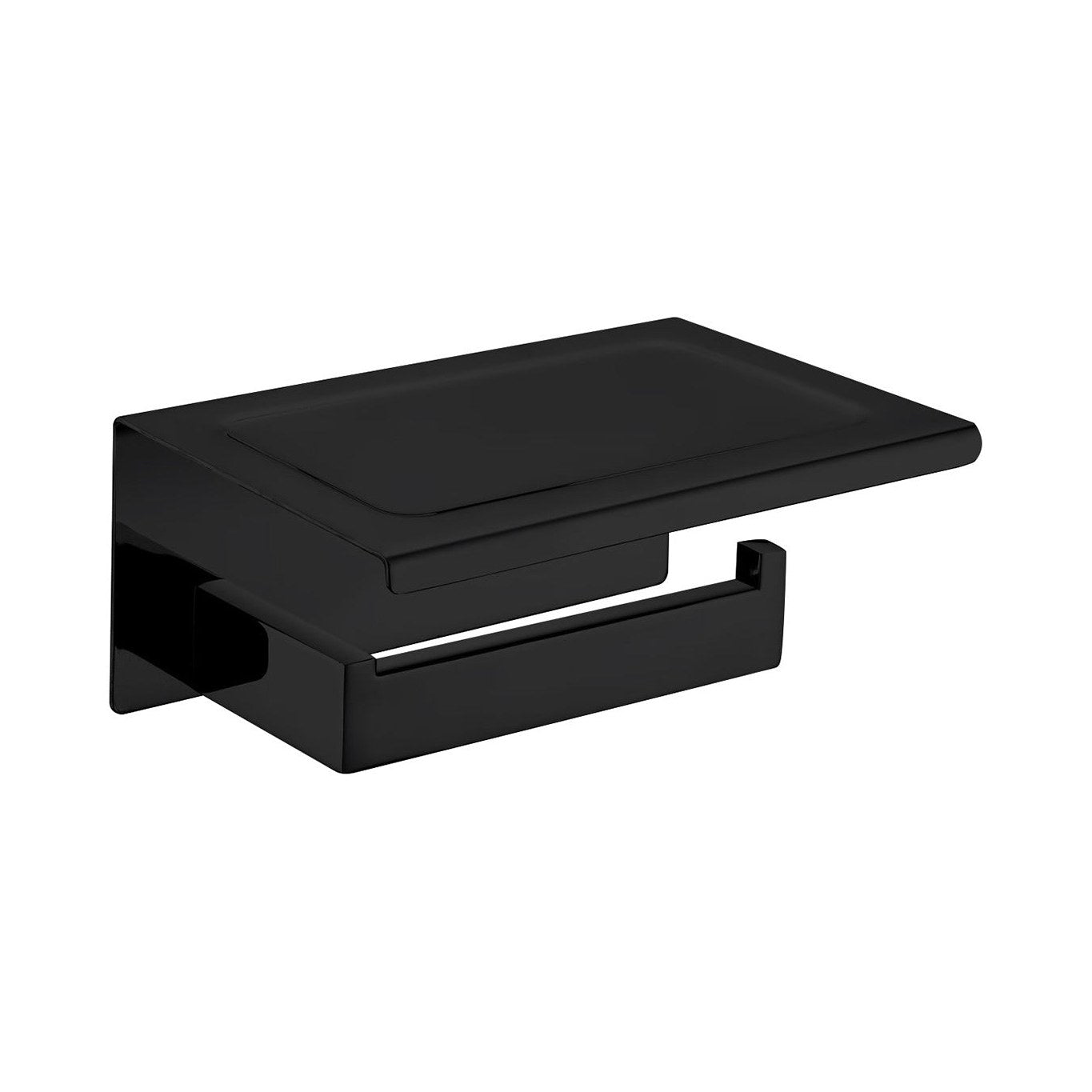 Raymor Edge II black toilet roll holder with shelf, wall-mounted square stainless steel bathroom accessory