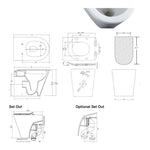 Raymor Edge II wall faced rimless toilet pan technical drawing with set out dimensions, white slim seat visible top right